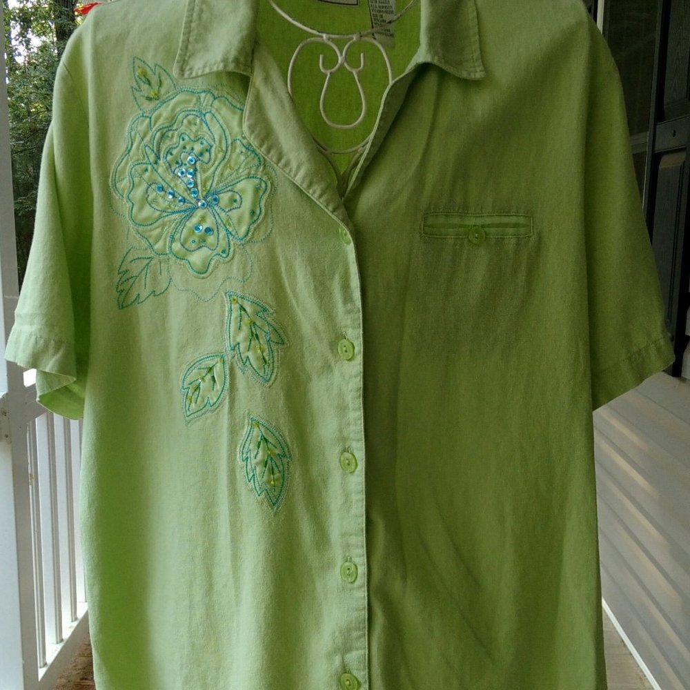 Lime Green with Teal Sequins & Beads Linen Blouse Size 1X Napa Valley